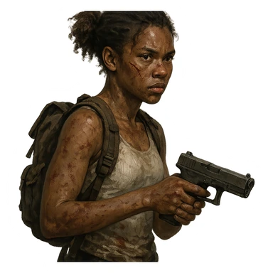 African American masculine girl, zombie apocalypse style, scar on her face, white tank top, wearing a backpack, holding a gun sticker