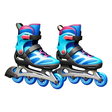 An icon featuring a pair of colorful inline rollerblades resting on a park path. The background showcases winding park pathways, lush green trees, and vibrant flowers along the way. The scene radiates a sense of freedom and outdoor activity under a clear blue sky. Transparent background sticker