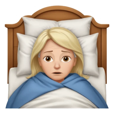 A 55-year-old woman lying in bed, unable to sleep. She looks exhausted and desperate, with visible dark circles under her eyes, tired facial expression. She is under the blankets, staring at the ceiling.  sticker