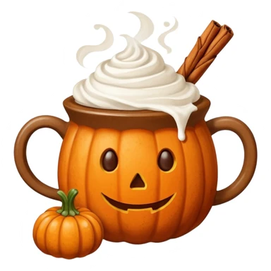 Steaming coffee Mug with whipped Cream and cinnamon Dust on Cream.  Small Punkin and 3 sticks of cinnamon next to mug sticker