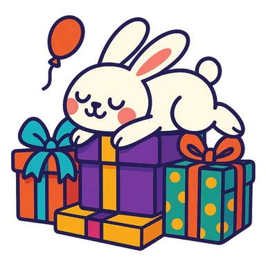 bunny lying on birthday gifts, sleepy and happy smile eyes, vibrant-toon style sticker