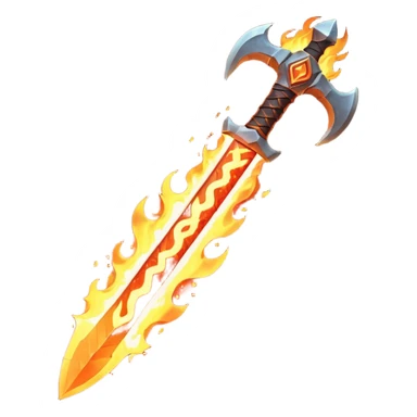 fire guardian sword object icon, flaming blade, glowing lava runes, ember sparks, fantasy weapon, 3D cartoon, mobile game icon style, centered, clean background, no text, no watermark
 sticker