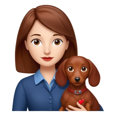 White woman with medium length brown hair holding a red dashound sticker