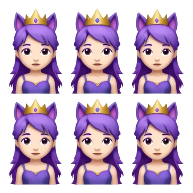 A collection of twelve chibi-style illustrations of a cute princess wearing a purple dress and crown with purple hair and purple wolf ears and purple wolf tail character. Each square shows the character expressing a different emotion against a white background And make a gap between each illusion sticker