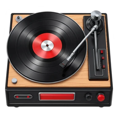 3D render of Vinyl Record, vintage 1980s audio equipment aesthetic, tactile analog buttons, shiny black grooved disc with a red center label, mixed wood grain and brushed aluminum textures, Apple emoji style, isolated on white background --v 6.0 sticker