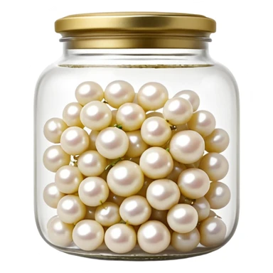 clear glass jar filled with small white pearl onions submerged in clear brine, rounded jar with metal lid, tightly packed contents visible through transparent sides, onions smooth glossy slightly translucent, no label no fork no garnish, closed jar, soft lighting, subtle shadows, emoji scale sticker