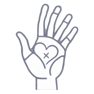 An icon of an open hand with detailed and precise palm lines, focusing on the heart line, life line, and fate line. The design is minimalistic and clean, emphasizing the palm lines without any additional symbols or elements. sticker