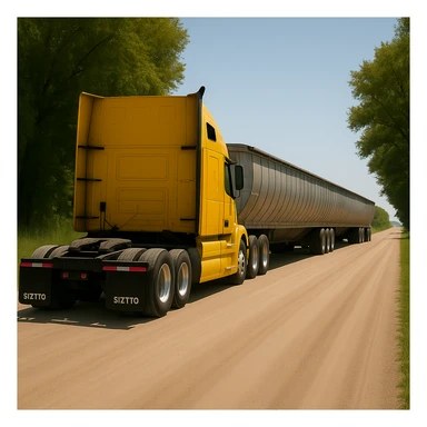Increase the rear three-quarter angle even more, showing more of the back and less of the side of the Volvo yellow semi sleeper truck with a significantly longer silver end dump trailer, photorealistic, driving away down a rural dirt road with trees and grass, bright daytime lighting, clear sky. sticker
