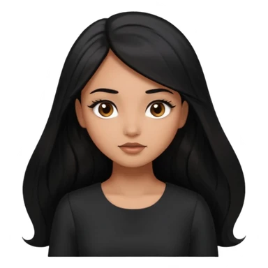 She has round head with oversized glossy eyes that dominate her face, giving her a dreamy expression. Her eyes are a warm brown with long lashes. She has light brown skin. Long jet black hair. She’s wearing a dark dress sticker