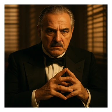 A stern older Italian mafia boss sitting in a dimly lit room, wearing a classic black tuxedo with a white shirt and black bow tie, holding his fingers in a thoughtful gesture. He has slicked-back grey hair, a mustache, and a serious, powerful expression. Warm cinematic lighting with dramatic shadows, blinds casting light stripes on the wall behind. 1940s Italian-American mafia atmosphere, cinematic close-up portrait. sticker