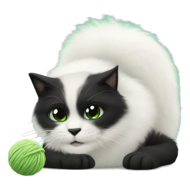 Gato blanco y negro peludo jugando con un ovillo de lana verde sticker