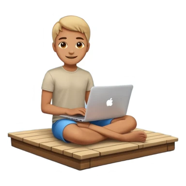 person programming on a dock with laptop open with a peaceful lake scene, emoji style sticker