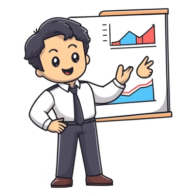 Management educator with black wavy hair, stubble, strong features, white skin, smart casual attire, gesturing while giving a business presentation, enthusiastic teaching expression sticker