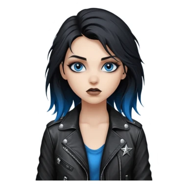 
 rockstar girl with long total black disheveled hair, blue eyes, Smokey eyes rockstar grunge makeup, rocking  sticker