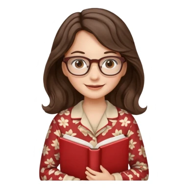 Миловидная девушка брюнетка с длинными  волосами на которых легка волна. карими глазами. В очках и в пижаме с книгой. Картинка должна были в цветах: бежевый, бледно красный, коричневый, белый sticker
