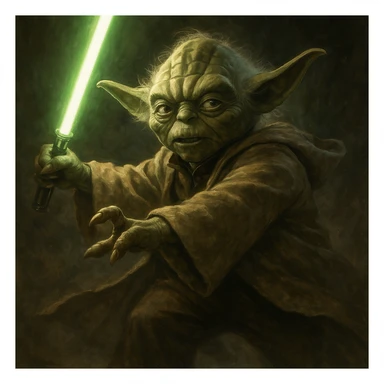Master Yoda from Revenge of the Sith, dynamic pose, holding a green lightsaber, dramatic lighting, cinematic style, detailed illustration sticker