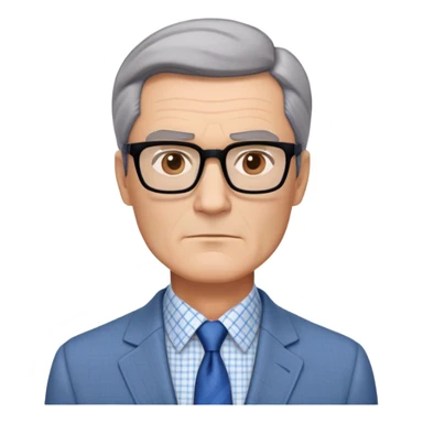 Middle-aged man around 50 with oversized square jawline that's broader than his forehead. Large dark square-framed glasses, short straight hair with subtle graying and side part. Serious expression. Light gray blazer, white button-up shirt with blue checkered pattern. sticker