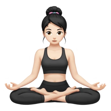 white girl with black long hair in a messy bun doing yoga sticker