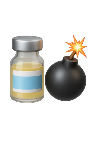 emoji stile iphone 3d di una fiala medica con una bomba vicino, fluttuano in aria insieme, FALLO MOLTO REALISTICO IN 3D sticker