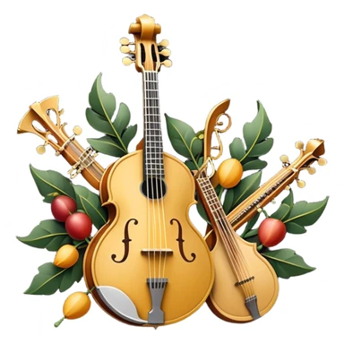 Design a sophisticated and festive emblem-like emoji representing plucked and stringed instruments. The layout should resemble a heraldic crest, featuring iconic instruments like a banjo, mandolin, domra, and sitar, artistically arranged in an elegant and symmetrical way. The necks of the instruments should be intertwined with a flowing ribbon of musical notes, winding around the strings and fretboards. The design should be detailed, showcasing the intricate carvings on the instruments, visible strings, and fret markers. Use a rich color palette with deep golds, browns, and vibrant accents to evoke a sense of luxury and celebration. The musical notes should appear to float around the instruments, connecting them in a graceful, dynamic way. Include ornate flourishes or decorative elements like laurels, swirls, or subtle engravings to give the image a professional, emblematic appearance. The background should be transparent. sticker