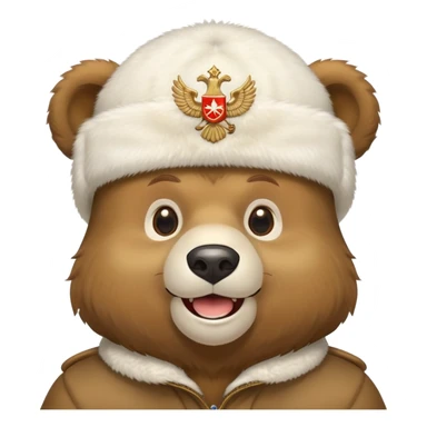 Cartoon Russian bear head wearing white furry ushanka with double-headed eagle emblem centered on the hat, iOS emoji style sticker