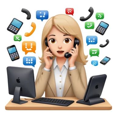 busy girl with a lot of phone calls and work, computer sticker