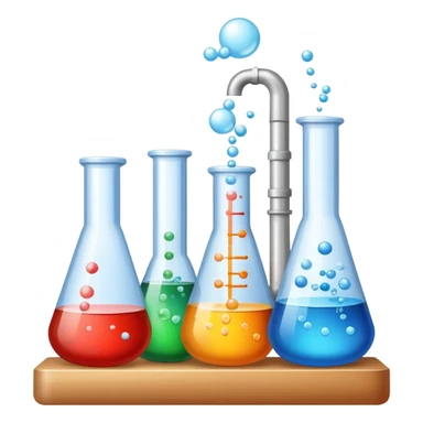 An icon featuring laboratory flasks with tubes, symbolizing chemistry. The design includes liquid and powder substances, a chemical reaction with bubbles, and molecular formulas, representing chemical processes like hydrolysis. Transparent background sticker