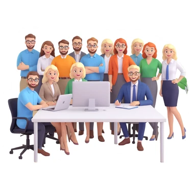 Three happy white male designers and six happy white female designers, all working together in a modern office environment sticker
