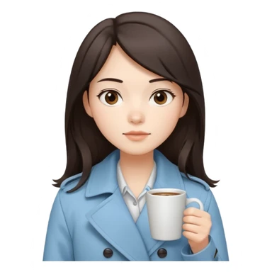Mei – Cewe Kalem Kulit putih halus, rambut coklat gelap panjang lurus rapi, belah samping. Pakai trench biru muda sambil cangkir kopi, ekspresi tenang sticker