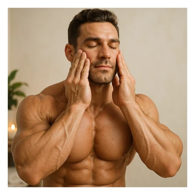 bodybuilder doing face massages to keep skin toned, hyper realistic style, sculpted muscles, relaxed expression, text 'Massaggi per la pelle', spa atmosphere, light background sticker
