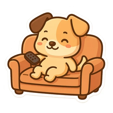 a cartoon dog with a remote, lounging on a sofa, fun and friendly style, cute and playful sticker