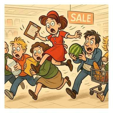 a comical scene where a crowd of supermarket shoppers runs from left to right, carrying off the salesgirl in a chaotic and exaggerated manner sticker