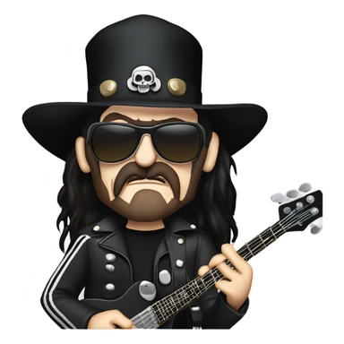 Lemmy Killmister from Motorhead with mutton chops holding Rickenbacker bass sticker
