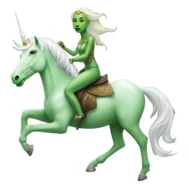 a green amazon alien woman on a white unicorn sticker