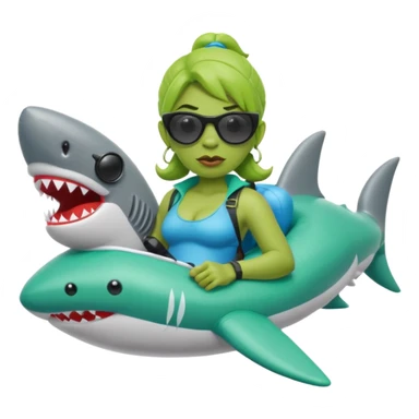 orc female sitting in an inflatable floatie shaped like a shark, wearing oversized sunglasses and a whistle on a neck cord sticker