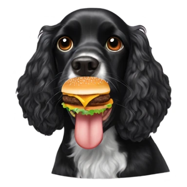 Black cocker spaniel eating a cheeseburger sticker