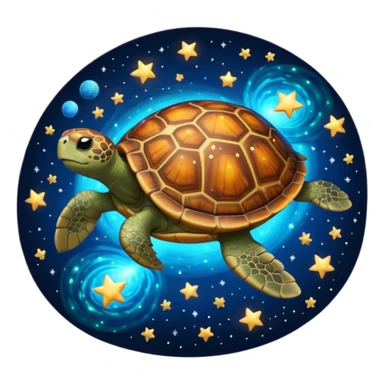 Quasar Turtle emoji – full body, large turtle with a smooth glowing shell shaped like a cosmic quasar, simple light effect in the center of the shell, stars in the shell, no patterns, no aura, slight side angle, no background
 sticker