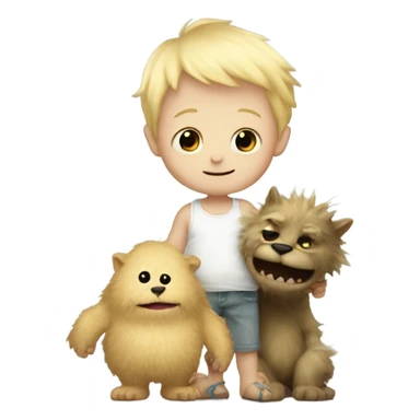 Little blonde baby boy holding the hand a giant furry monster sticker