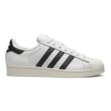Adidas Superstar sneaker, white with black stripes, side view, minimal background sticker