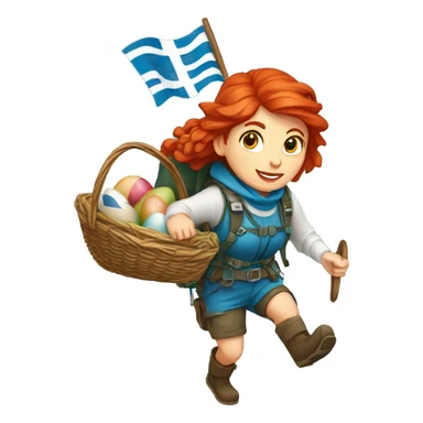 red hair female winter mountaineer climbing with Easter eggsbasket and Greek flag sticker