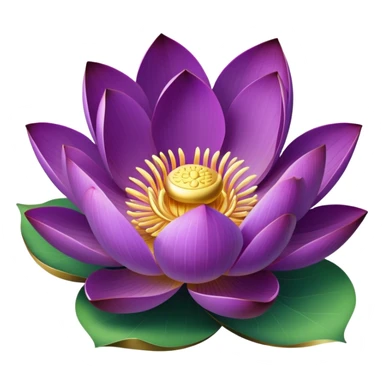 Elegant purple lotus flower with rich violet petals and golden center, accompanied by botanically accurate lotus leaf with distinctive notch and upturned edges sticker