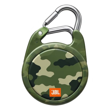 Minimal JBL Clip 4 with proper circular form, carabiner clip, green camouflage, and JBL branding visible, iOS emoji style sticker