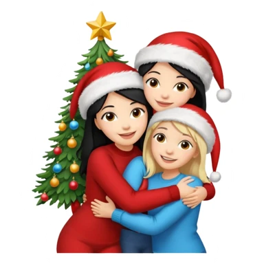 Generate Christmas-style emojis  family. Where light-skinned people stand near the tree all together, hugging and smiling. 2 girl should be Light-haired woman, 1 woman black-haired woman, and 1 man  sticker