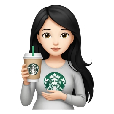 A young girl with long black hair, reaching up to her belly, holds a cup of Starbucks coffee.
 sticker