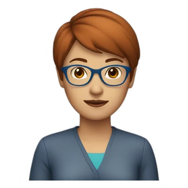 middle woman, brown red short hair, blue glasses sticker