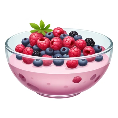 A clear glass bowl filled with milky light pink liquid with chunks of various berries floating in it sticker