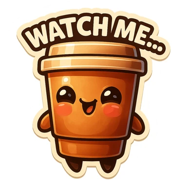 Tall coffee cup, giggling, mischievous eyes, "Watch me..." sticker