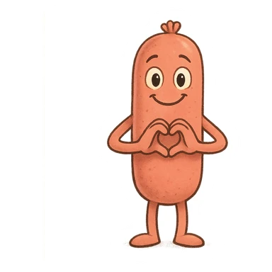 a smiling sausage-shaped humanoid with a pinkish-orange body, simple arms and legs, big eyes, and a happy smile, forming a heart with its hands sticker
