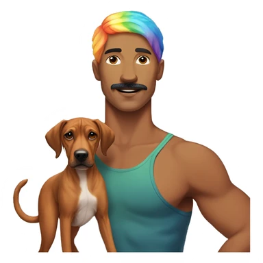 white male with rainbow colored hair and a curled mustache standing alongside a brown rhodesian ridgeback dog sticker