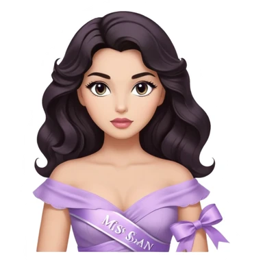 A woman with almond-toned skin, dark voluminous hair in waves, expressive eyes with soft lashes and shimmer, full lips with a glossy nude-pink color, wearing a lavender top and a white sash with “Miss San Juan” in black letters, exuding elegance and confidence sticker